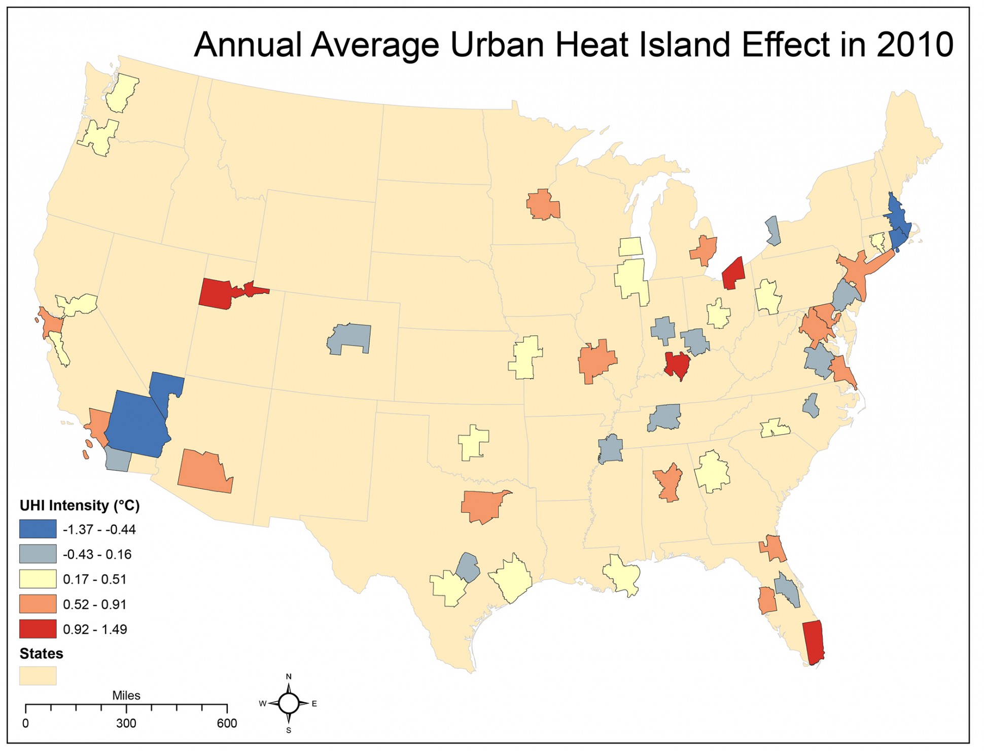 urban heat island effect by city