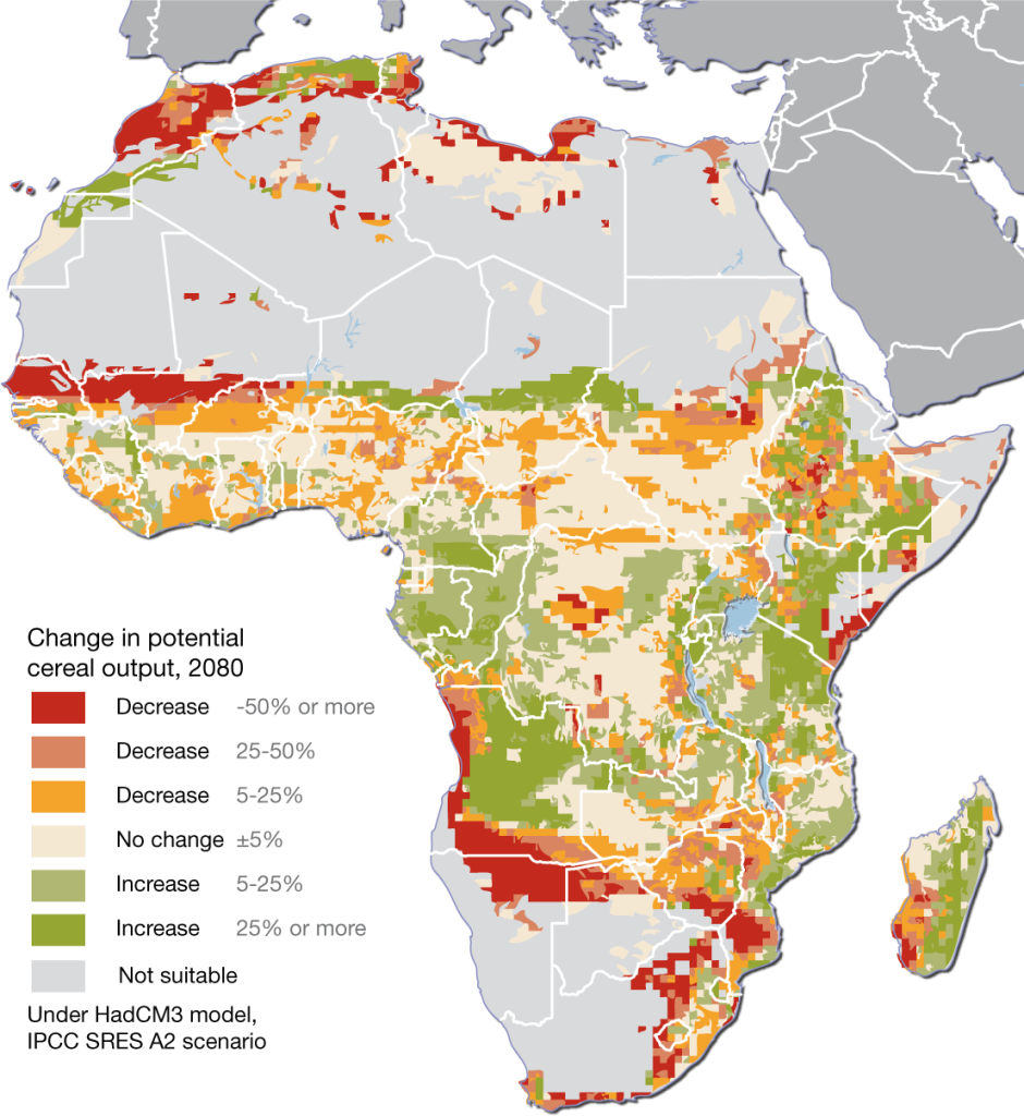Projected changes to cereal productivity, due to climate change, through 2080 (courtesy of UNEP/GRID Arendal).